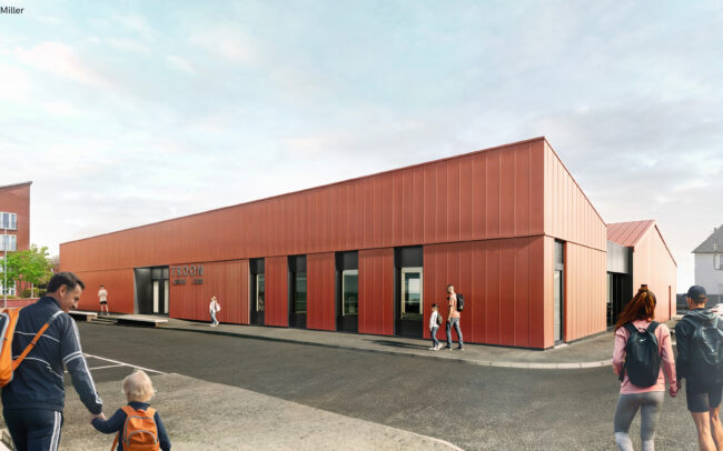 CGI Render of the new Troon Leisure club 2, showing the red exterior cladding and the large glazed features around the gym, letting in lots of natural light