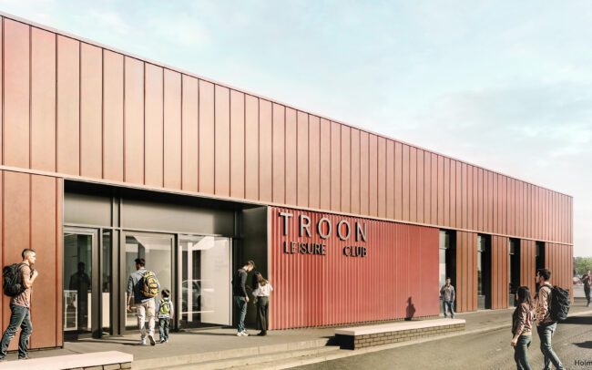 CGI Render of the new Troon Leisure Club, showing copper red cladding and large glazed facades