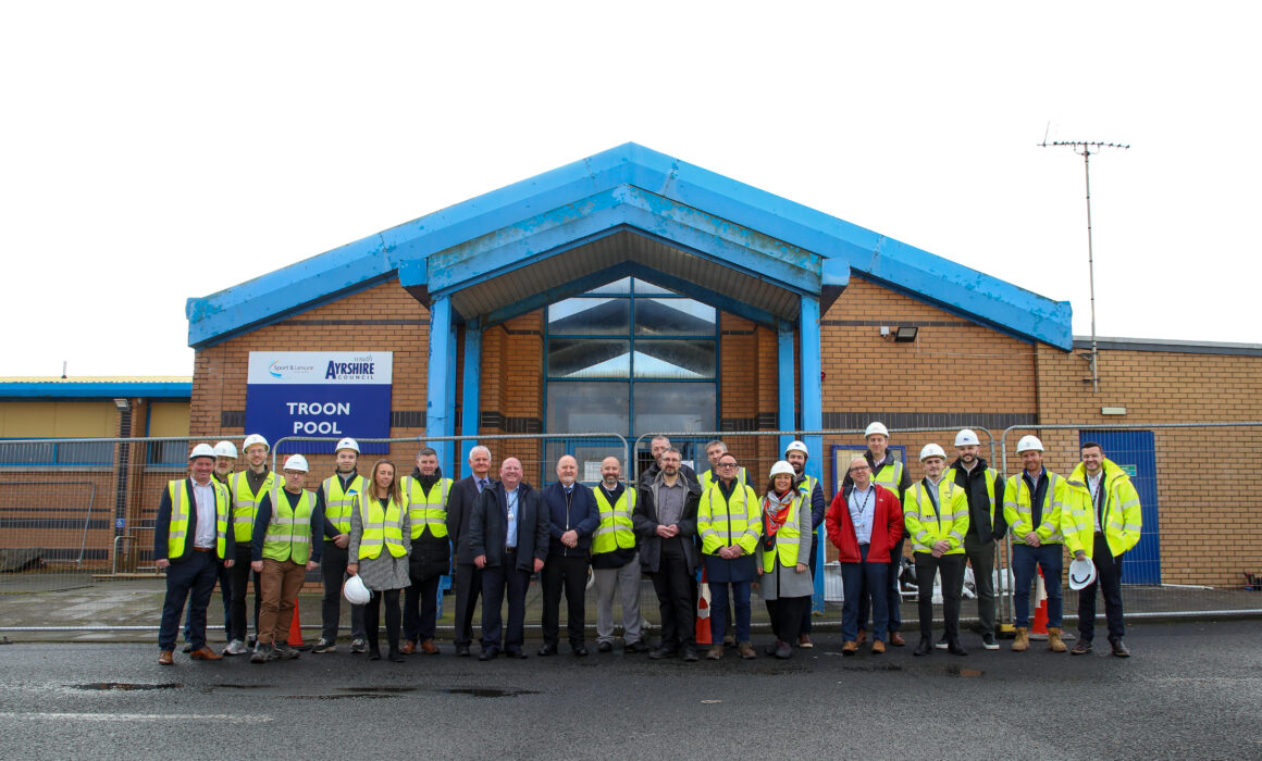 Project Construction Team and Council Members standing in front of the current Troon Leisure Club