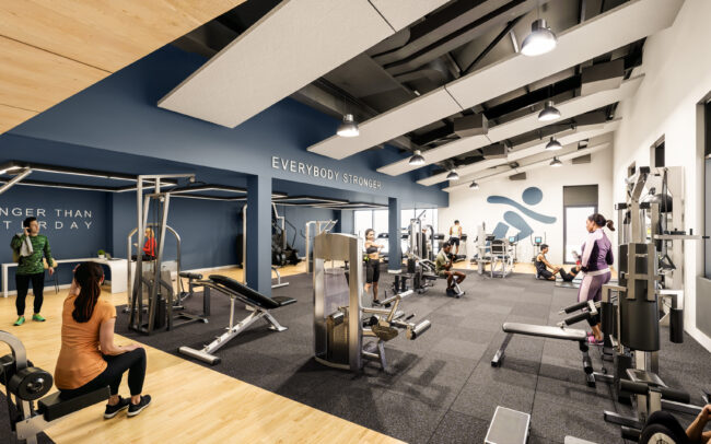 interior render of the new gym space, with bright open windows, a slanted roof, and large strength training and cardio training facilities