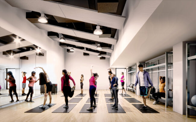 Interior render of the multifunction studio, showing several people partaking in a yoga class