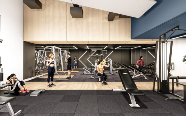 Interior render of the gym space, showing the function and freeweight training spaces