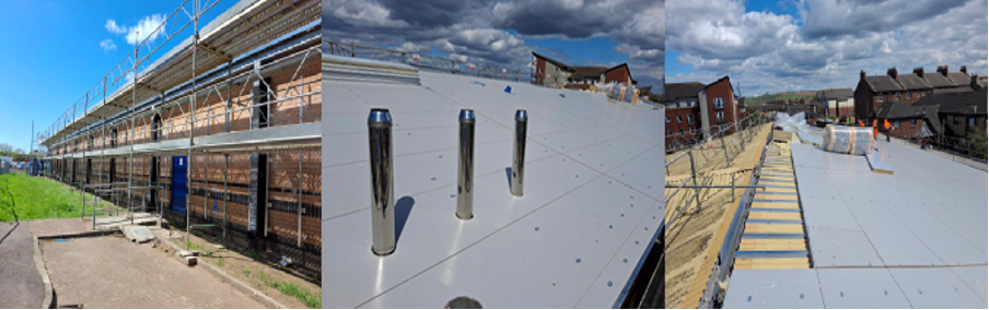 Roofing works in progress, grey roof finishing with modern metal ventilation posts
